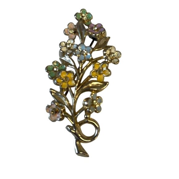 Vintage Floral Enamel & Gold-Tone Brooch Pin With Multicolor Flowers - Picture 2 of 4